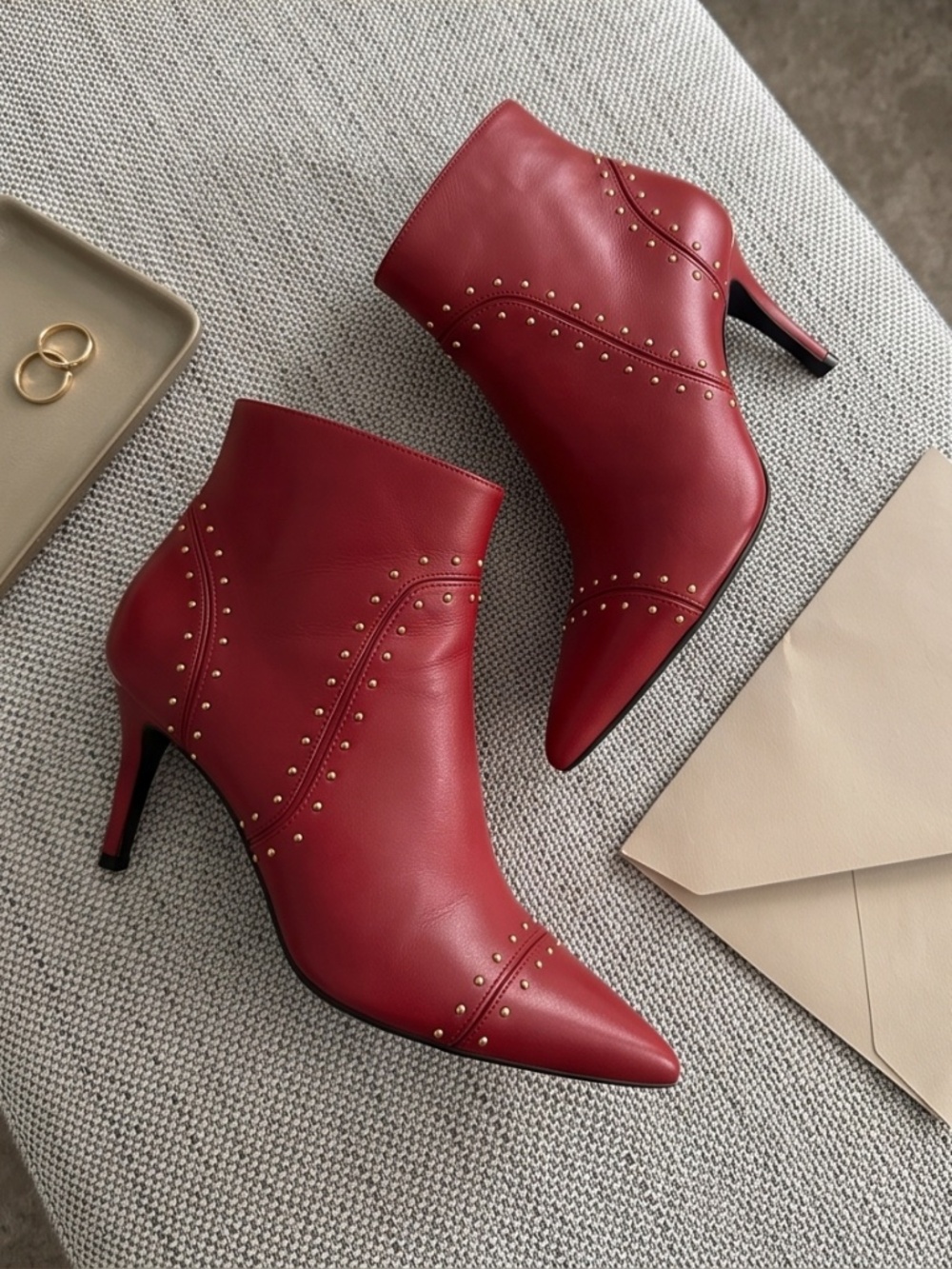 Sharp Red Bootie with Gold Studs
